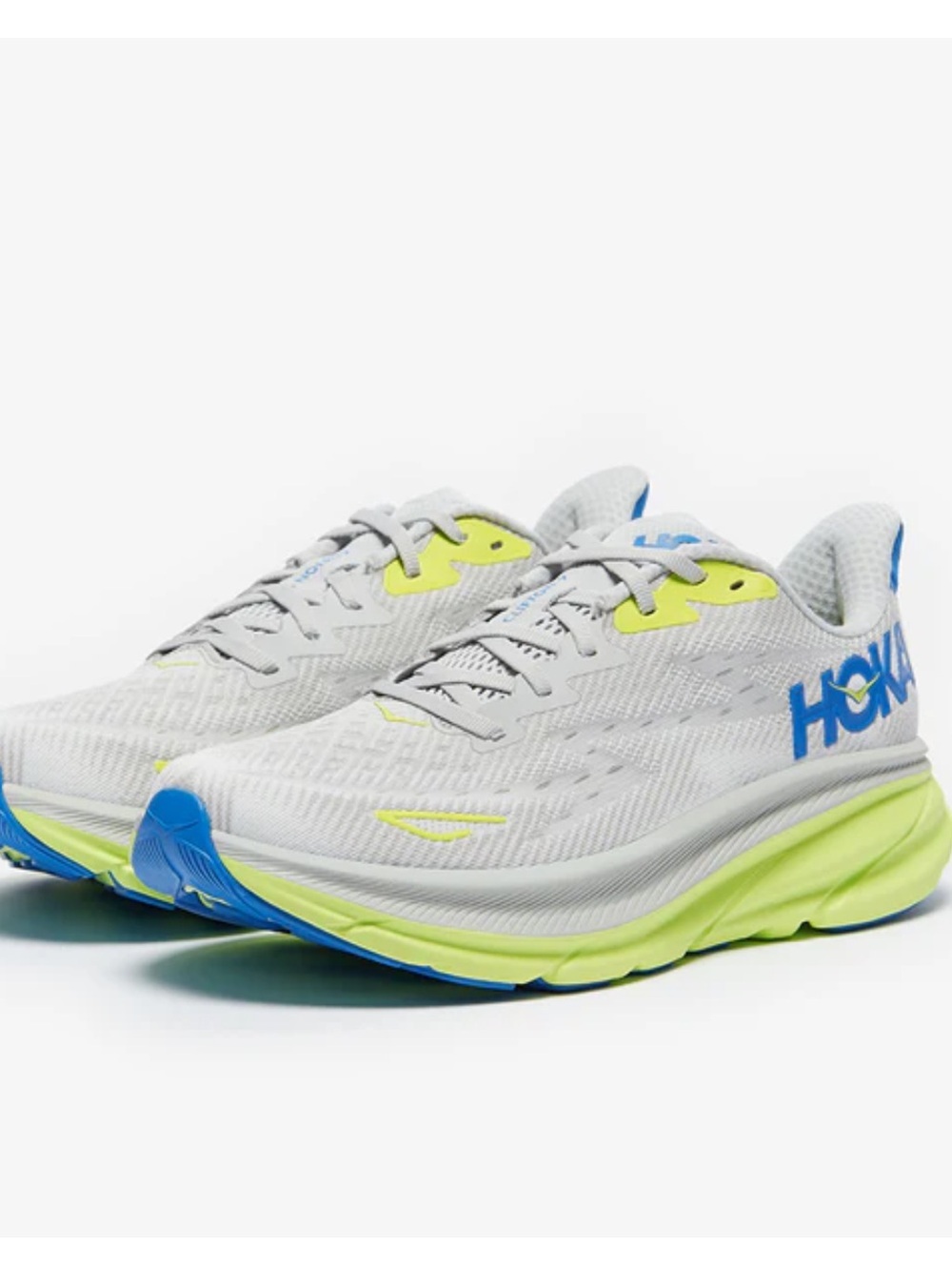 Hoka Clifton 9 Men size  9.5 Running Shoes White Lime Blue